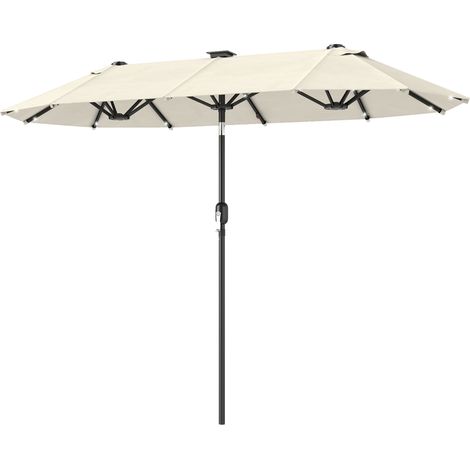 Doppelter Strandsonnenschirm mit LED-Beleuchtung und Kurbel, Polyester und Stahl, 2,92 x 1,5 x 2,2 m, Beige