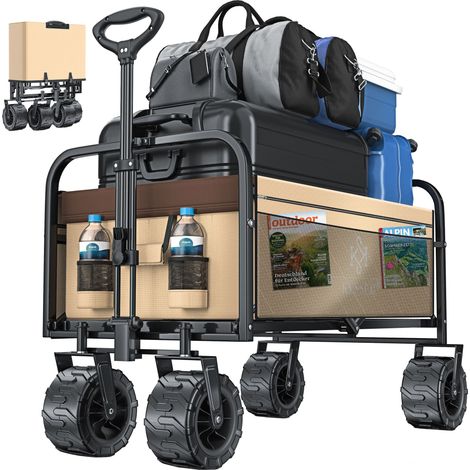 KESSER® Bollerwagen pliable avec pneus larges Chariot de transport Chariot d'outillage incl. 2 poches filet pliable pneus en plastique capacité de charge jusqu'à 120 kg Beige (1/5)