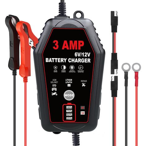Chargeur de batterie automobile 3A avec chargeurs intelligents 6V/12V pour recharger les batteries au plomb et au phosphate de fer pour les motos, bateaux, caravanes, voitures. (1/5)