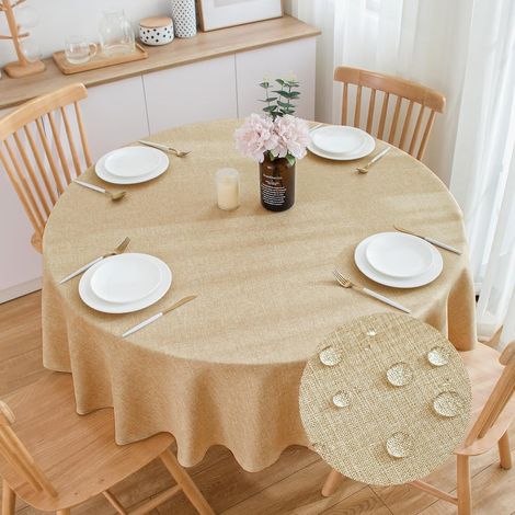 1 Nappe Ronde 160cm Lin Artificiel Imperméable Anti-Éclaboussures Essuyable Couleur Blé Intérieur Extérieur