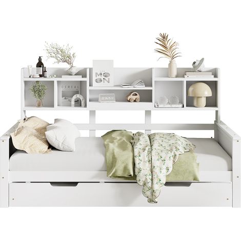 Canapé lit extensible bois massif 90x200, lit tiroir 90x190, compartiment et sommier, lit pin multifonction simple, blanc (1/5)