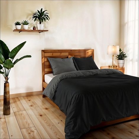 Housse de Couette Une Place et demie, uni réversible, Parure de Couette, avec Housse de Couette 200×200 cm, Rabat 20+50 cm + Paire de taies d’Oreiller 50×80 cm Noir/fumé (1/5)