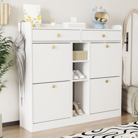 Armoire blanche pour chaussures avec 4 portes battantes, 2 tiroirs coulissants et 3 compartiments ouverts – Meuble d’entrée moderne, dimensions 110 x 26 x 100 cm