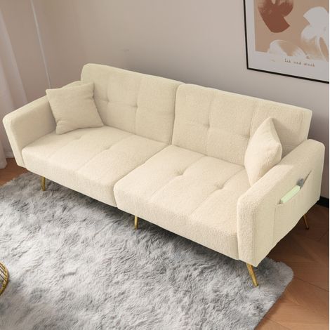 Sofá cama beige con bolsillos laterales y patas doradas OKMYHOME (1/5)