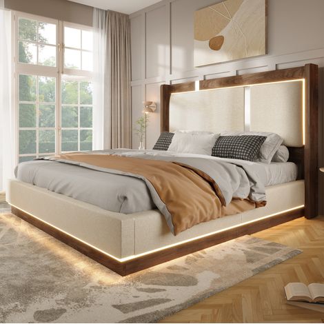 Letto 140x200 imbottito lino beige/noce con LED e contenitore, senza materasso - MEUBLIV (1/5)