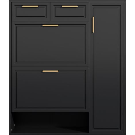 Meuble à chaussures moderne, avec étagères réglables, poignées dorées, tiroirs, abattant et portes, noir, B95/D24/H107 (1/5)