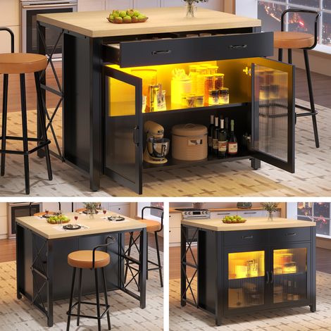 Kücheninsel mit LED-Lichtleiste, Schwarzer Stehtisch, Küchenarbeitsplatte, Kaffeebartisch, geeignet für Wohnzimmer, Esszimmer, Desktop-Oberfläche mit Holzstruktur, verstellbare Füße