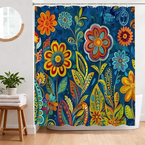 Rideau de Douche Anti Moisissure 180 x 180 cm Rideau Douche Bohémien Fleurs Tissu Polyester Imperméable Lavable Rideau Baignoire avec 12 Crochets (1/5)