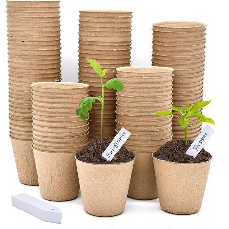 100 Stück Abbaubare Anzuchttöpfe runde Fibre Töpfe Ø 8 cm, 100 Stück weiß Plastik Pflanzenetiketten 1 x 5 cm (1/5)