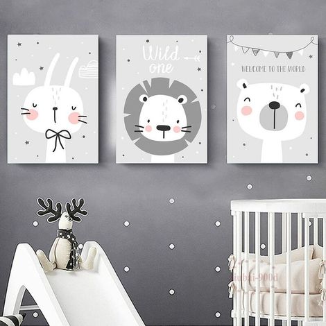 3 Tableau Bebe Garcon Posters Nordique Affiches Enfant Chambre Animaux Lion Ours Lapin Dessins Peinture sur Toile Decoration Murale Cadeaux (2130CM) (1/5)