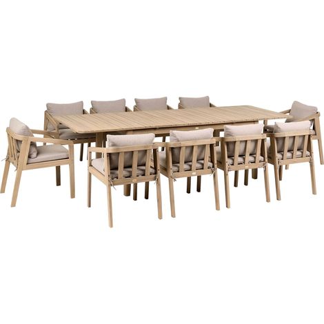 Set da pranzo da giardino per 10 persone in legno di acacia certificato con tavolo e sedie e cuscini beige marrone chiaro Toscanella (1/5)
