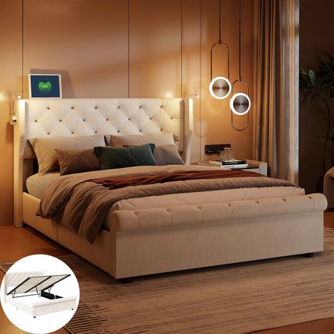 Cadre de Lit Double 140x190 - Lampes de chevet USB Intégrées - Velours Beige - Tête de Lit Capitonné - Coffre Rangement Hydraulique (1/5)