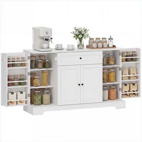 Buffet blanc 140 cm avec tiroir, 3 placards à fermeture douce et racks à épices intégrés, panneau de particules et MDF (1/5)