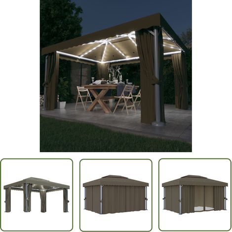 Tonnelle Barnum de Jardin, Pavillon, Pergola, Tente de jardin, avec rideau et guirlande lumineuse à LED 4x3 m Taupe OIB3106E (1/5)
