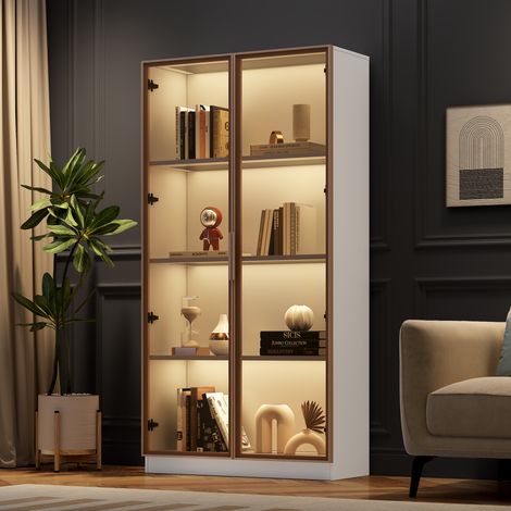 Set de 2 vitrines en panneaux de particules blanches avec portes en verre, LED, tablettes réglables et 2 tiroirs (1/5)
