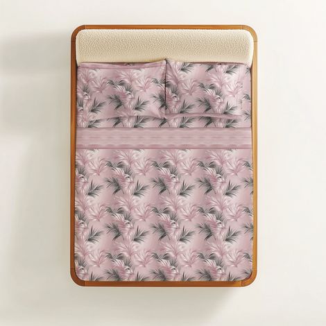 Completo Lenzuola Foglie Rosa - 100% Cotone Naturale - Elegante e Traspirante - Made in Italy, Lavabile 1 PIAZZA E MEZZA (1/5)