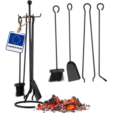 Set Caminetto 6 Accessori Completo, Paletta, Scopino, Attizzatoio, Pinza, Trespolo e Cestino Porta Cenere, Moderno, Nero (1/5)
