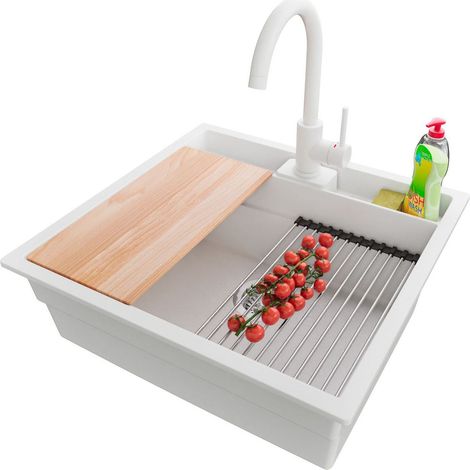PRIMAGRAN Evier Cuisine en Granit 56x54cm,Lavabo 1 bac + Robinet 32x20cm + Kit de Vidage + Accessoires, Évier à Encastrer au meuble 60cm - Bergen Pocket, Blanc