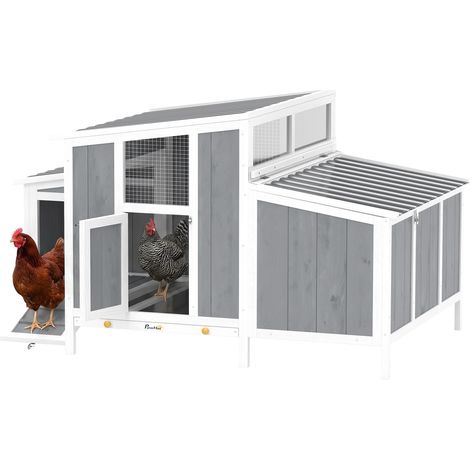 Poulailler en bois avec porte verrouillable, nichoir et toit imperméable en PET pour 3-4 poules, 145x90x92 cm, gris (1/5)