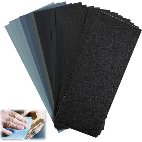 Papier de Verre, 19 Pièces Papier Abrasif Fin 10000/7000/5000/3000/2500/2000/1500/1200/1000/800/600/400/320/240/220/180/150/120/80 Grain 9 x 3,6 pouces, Papier à Poncer Carrosserie Bois Verre (1/5)