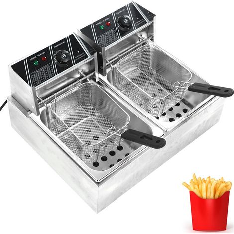 Rosvola 5000W Friteuse Electrique INOX Friteuse Commerciale en Acier INOX à Double Réservoir Friteuse avec 2 Paniers