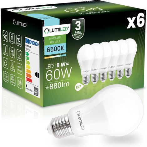 6x LED-Lampe E27 A60 8W = 60W 880lm 6500K Kaltweiß 260° LUMILED