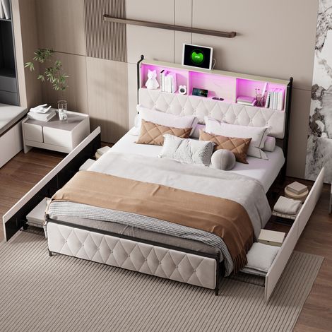 Polsterbett 160x200 cm, mit LED-Beleuchtung, USB-Ladefunktion, offenen Ablagefächern, vier Schubladen, Samt, Lattenrost, für Erwachsene und Jugendliche geeignet - Beige