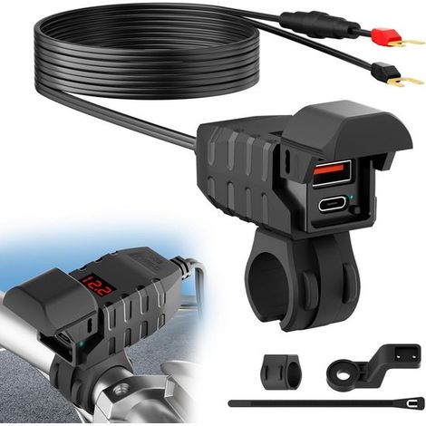 Caricabatterie da moto impermeabile con USB e Type-C, voltmetro e funzione di ricarica rapida. (1/5)