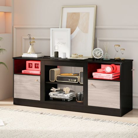 Meuble TV avec Éclairage LED pour Téléviseurs 65" Meuble TV avec Étagère Réglable et Compartiment Ouvert pour Cheminée Table Console Noir (1/3)