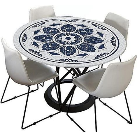 Nappe d'extérieur ronde 90 cm, lavable, imperméable, Mandala Bleu Blanc