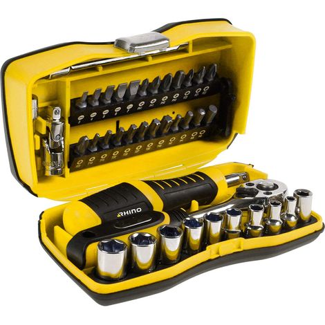 Rhino – Set di bussole 39 pezzi con chiave a cricchetto + cacciavite portapunte/portabussole – cromo vanadio – 9 bussole & 24 punte (piatti, PH, PZ, T, H) (1/5)