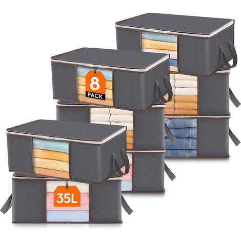 Sac de Rangement Vetement, Boite Rangement Pliable, Rangement Sous Lit, Housse Rangement Couette pour Vêtements, Couvertures, Demenagement, Gris, 36 L, Lot de 8
