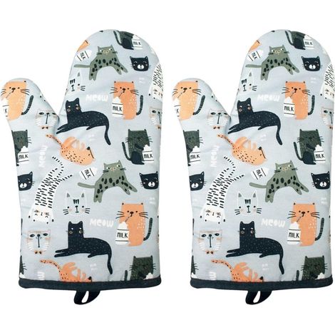 Gants ignifugés - Lot de 2 - 18×28 cm - Motif chat - Résistants à la chaleur - Ignifugés et antidérapants - Gants de cuisine - Conviennent à un usage domestique, aux boulangeries et aux pâtissiers - B (1/4)