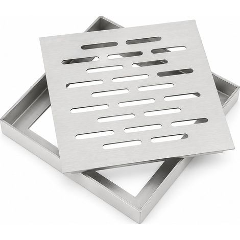 Écoulement de sol en acier inoxydable, carré avec cadre, couvercle de drainage antidérapant pour salle de bain, terrasse, jardin, extérieur, anti-blocage (250 x 250 x 20 mm) (1/5)