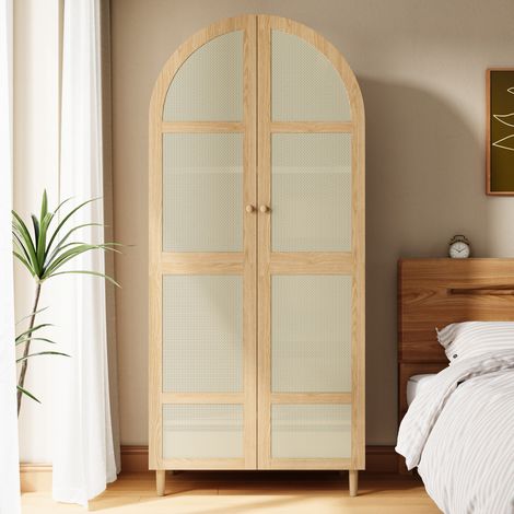 Armadio 179 cm, guardaroba con ante curve e contenitore - Con cassetti, appendiabiti e decorazioni in vimini, effetto legno, per interni - Naturale (1/5)