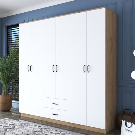 Großer Vandoies Kleiderschrank, Schlafzimmer-Schrank 5 Regale, 2 Schubladen, Kleiderstange, 210x210h cm Weiß (1/5)