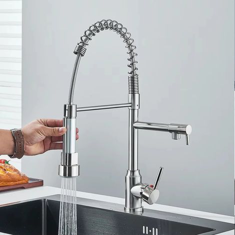 Robinet de cuisine Crane en acier inoxydable noir, à double bec et douchette extractible, avec réservoir séparé et rotation à 360° (tuyau gris brossé). (1/5)