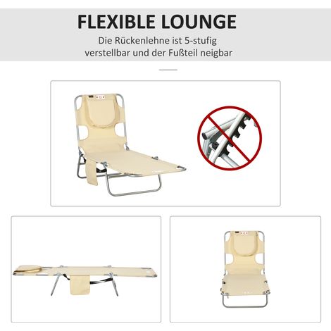 Chaise longue extérieur transat rembourré avec ouverture visage, table massage jardin, poche latérale, métal beige