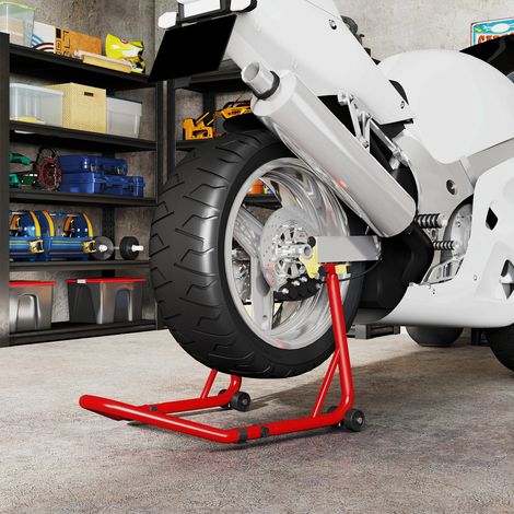 Soporte para motocicleta con capacidad de 544 kg (1200 lb), horquillas ajustables en U y en L, ruedas y almohadillas antideslizantes, color rojo.