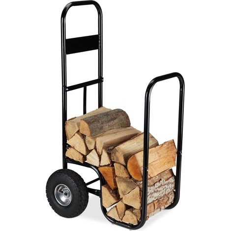 Relaxdays – Chariot à bûches en acier noir – Capacité 60 kg – Roues pneumatiques pour manœuvre facile – Dimensions 108,5 x 52 x 59 cm (1/5)