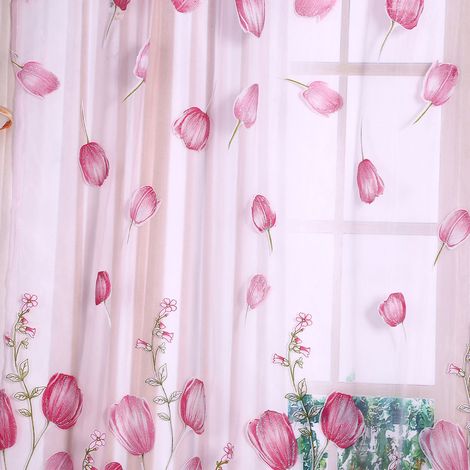 Voile de fenêtre imprimé tulipe 100x200cm, rideau léger rose pour balcon, décoration intérieure, voilage fin (1/5)