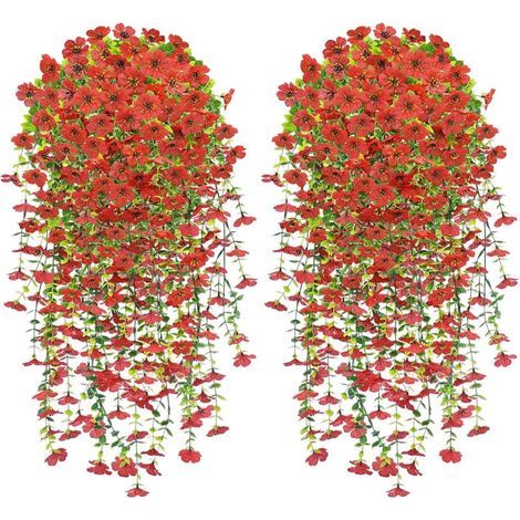 Flores artificiales colgantes, 4 unidades, flores artificiales para exteriores, plantas colgantes de simulación de 76 cm, flores artificiales colgantes para bodas, ideales para balcón, jardín y patio, (1/5)