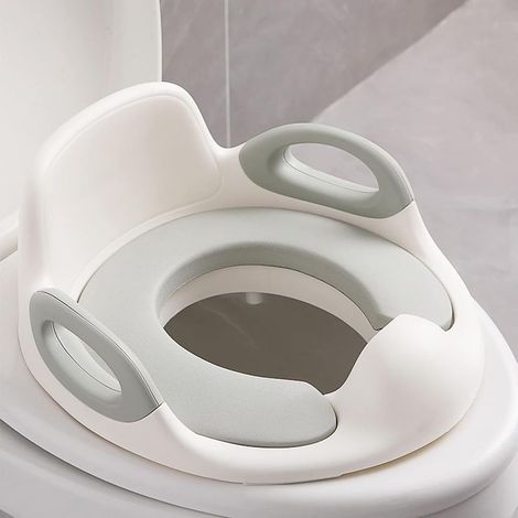 Abattant de toilettes enfant, unisexe - avec poignées et dossier rembourrés - compatible avec les toilettes rondes et ovales - blanc et gris (1/5)