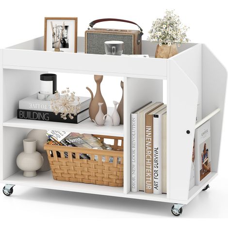 COSTWAY Side End Table 3-Tier Bookshelf Rolling Nightstand w/ Wheels-White (1/5)