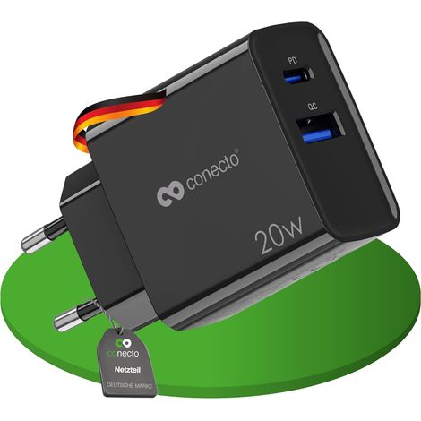 Chargeur USB-C, Alimentation USB, 2 Ports, 1x USB-C 20 Watts Max. PD, 1x USB A 18 Watts Max., Chargeur Rapide, Chargeur de téléphone Portable, détection Automatique du Courant de Charge, Noir (1/5)