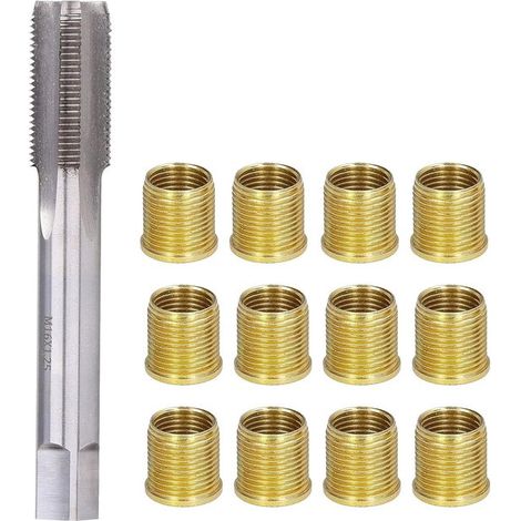 Juego de reparación de roscas de bujías, 13 piezas, 12 insertos de tornillo M14 y 1 llave para bujías M16, Manual, Metal, Dorado y plateado (1/5)