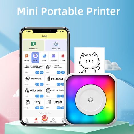 Imprimante Thermique Portable Multifonction Mini Sticker Photo Instantanée Sans Encre avec Lumière RGB Connexion BT pour Smartphone 11 Rouleaux Papier 57mm iOS Android Étiquettes Notes Reçus Enfants (1/4)