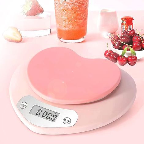 Balance de cuisine rose - Grand écran LCD, fonction tare, capacité de 5 kg