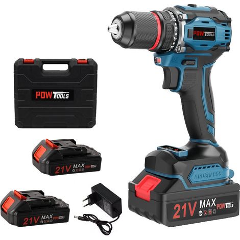 Perceuse Visseuse Sans Fil POWTOOLS - Moteur Sans Balais avec 2 batteries, 25+3 Réglages de Couple