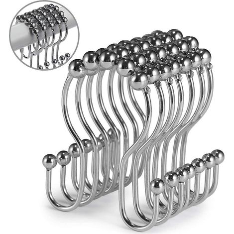 Lot de 12 crochets de rideau de douche antirouille en acier inoxydable, double crochet coulissant antichute (chrome) (1/5)